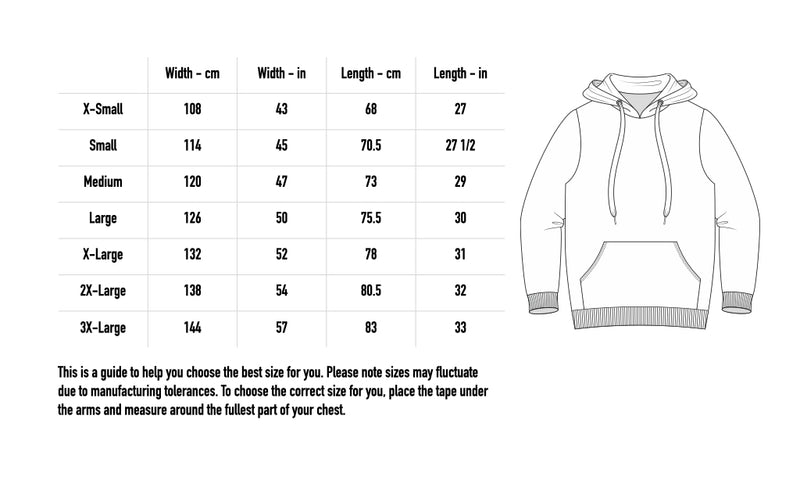 Size chart for Afterlife Hoodie - Black